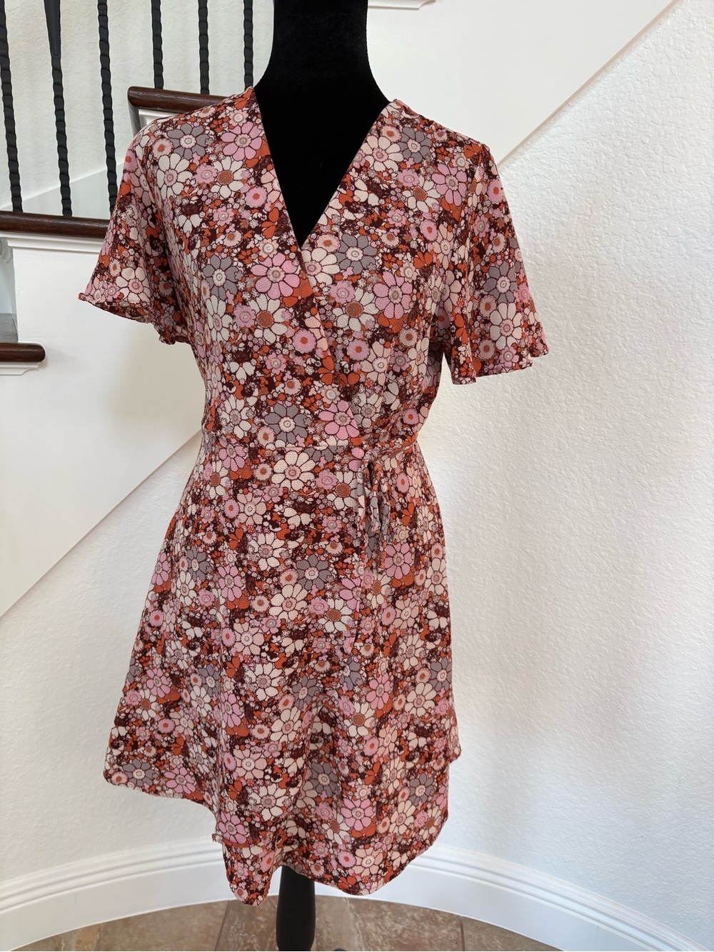 Monteau Floral Wrap Mini Dress in Pink and Brown